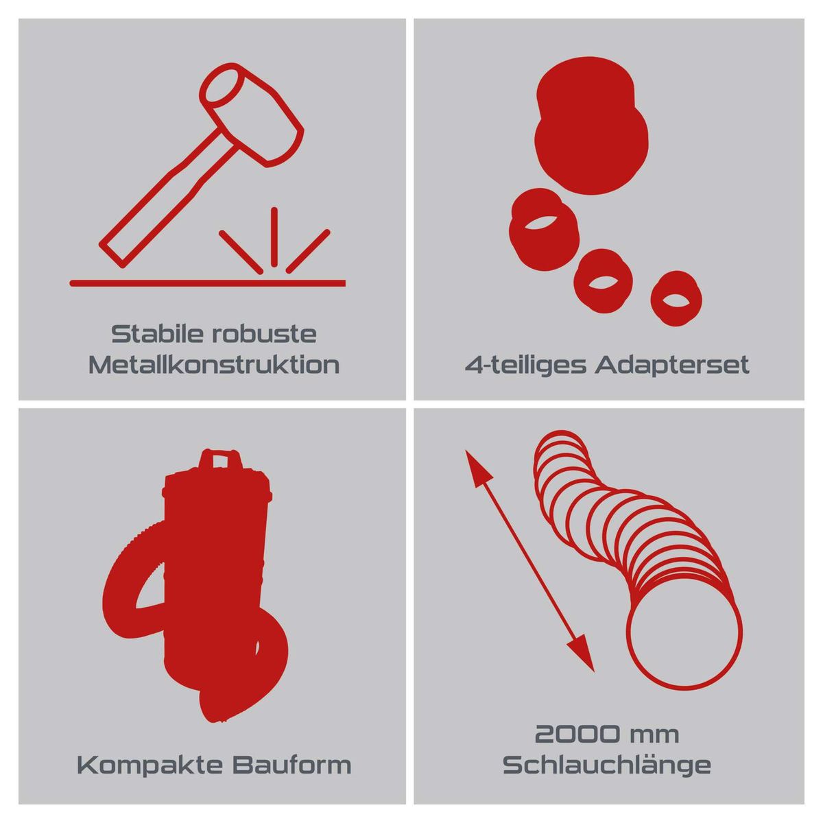 Stabile robuste Metallkonstruktion, 4-teiliges Adapterset, kompakte Bauform, 2000 mm Schlauchlänge