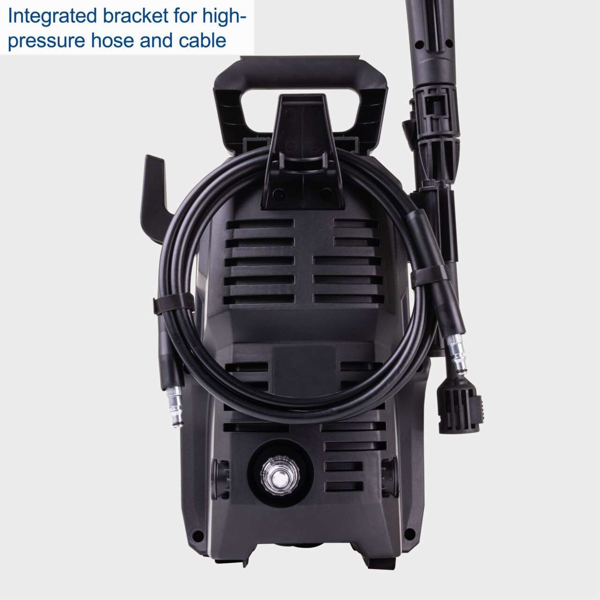 The Scheppach Pressure Washer HPC1400 features an integrated bracket for the high-pressure hose and cable.