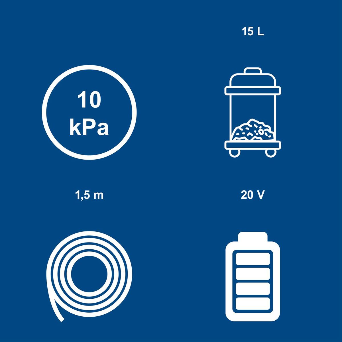 Technische Daten: Druck (10 kPa), Volumen (15 Liter), Spannung (20 V), Länge (1,5 m, Spule)