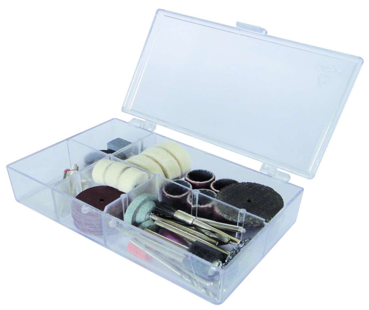 Werkzeug-Set 64-teilig inkl. Aufbewahrungsbox mit verschiedenen Bürsten, Polierpads und Werkzeugen in einer transparenten Box.