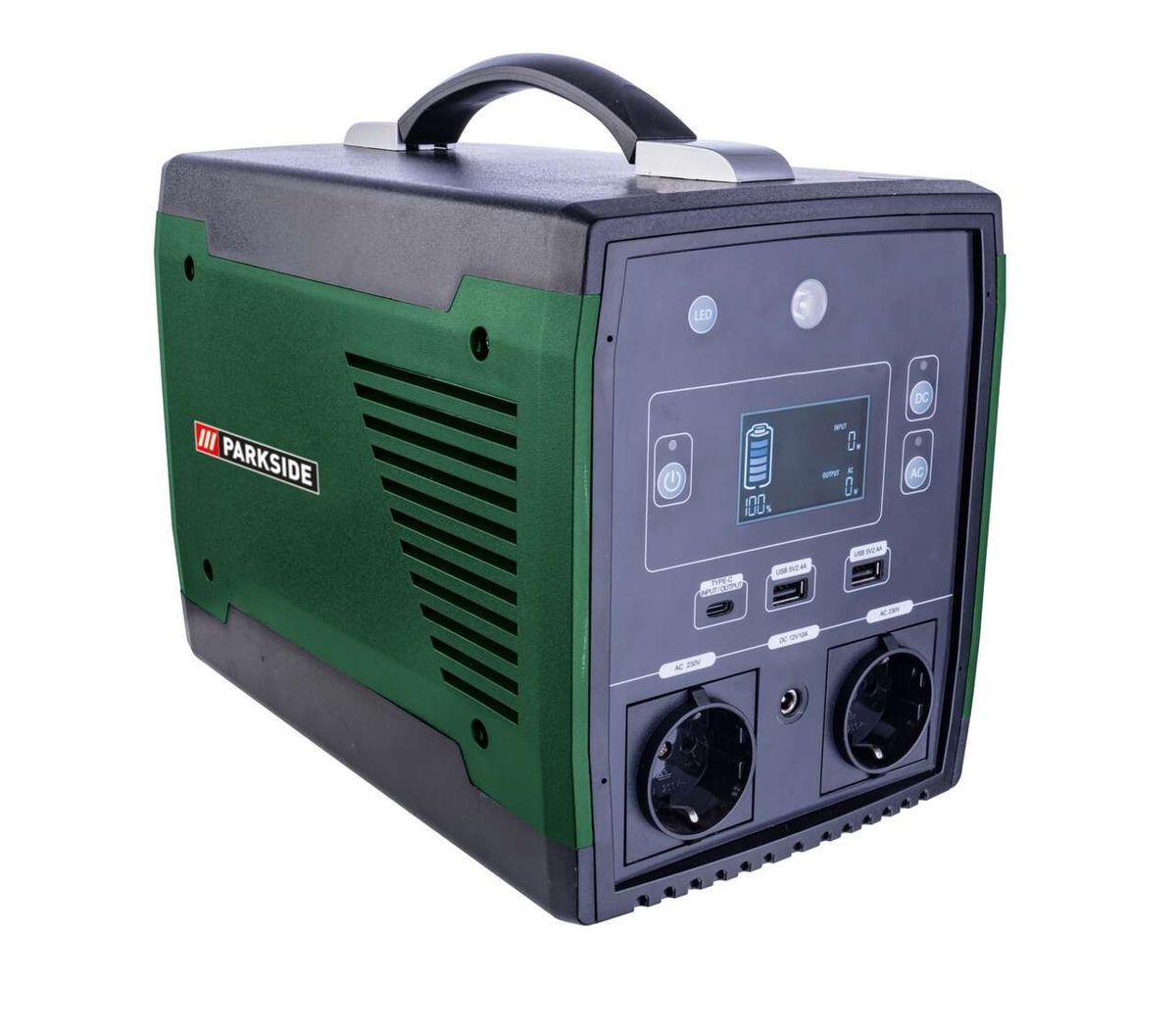 Powerstation PSGE 500 A1 Parkside LB4, Ansicht von der Seite mit Display und Anschlüssen.
