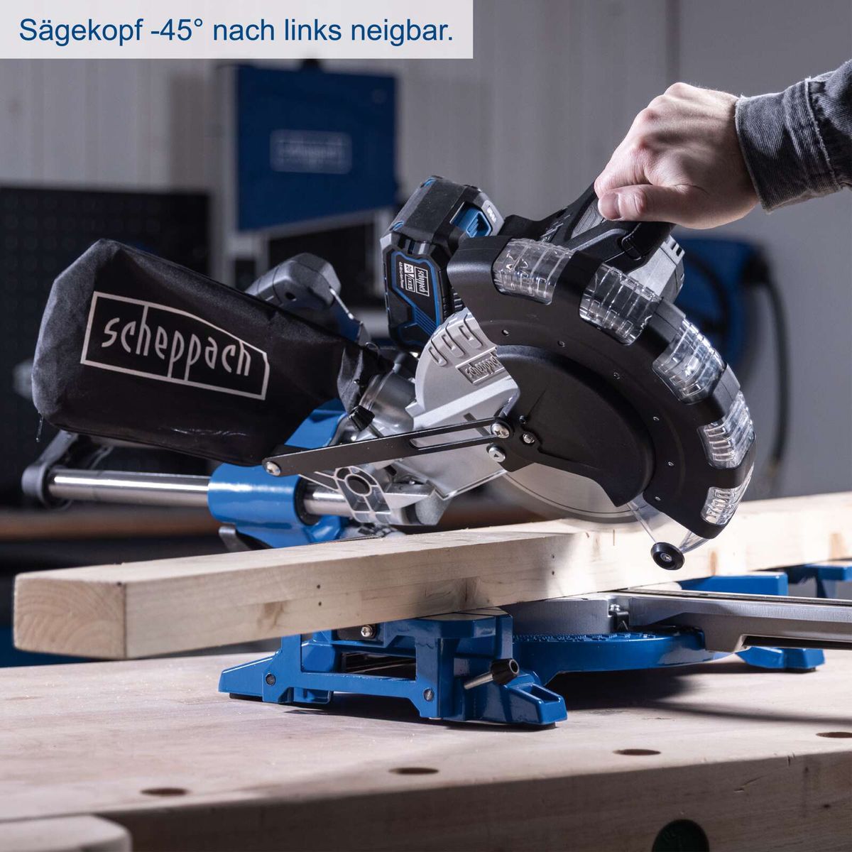 Scheppach Akku-Kapp-, Zug- und Gehrungssäge mit 45° Neigbarkeit des Kopfes