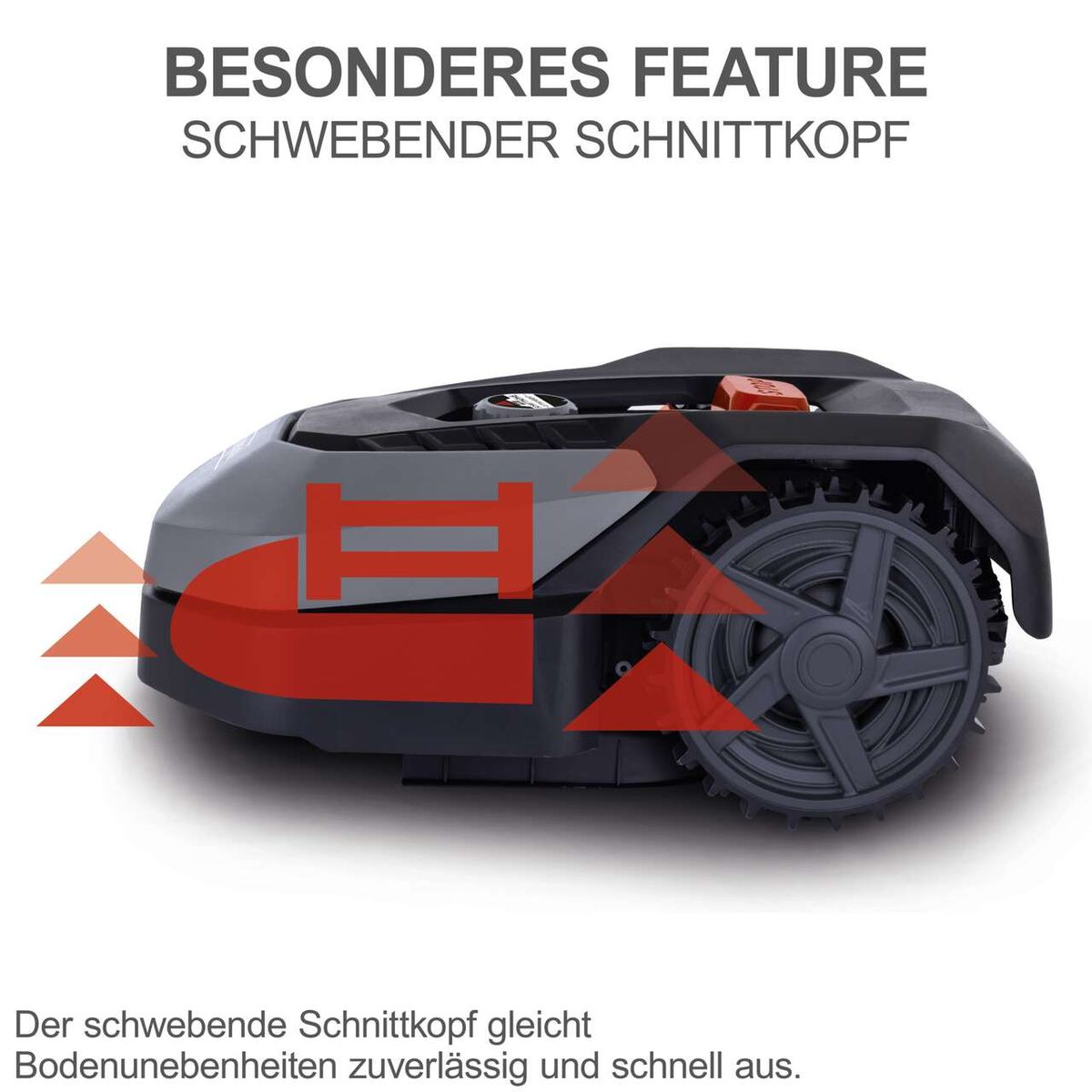 Der Scheppach RoboCut XL600 Mähroboter verfügt über einen schwebenden Schnittkopf, der Bodenunebenheiten zuverlässig und schnell ausgleicht.