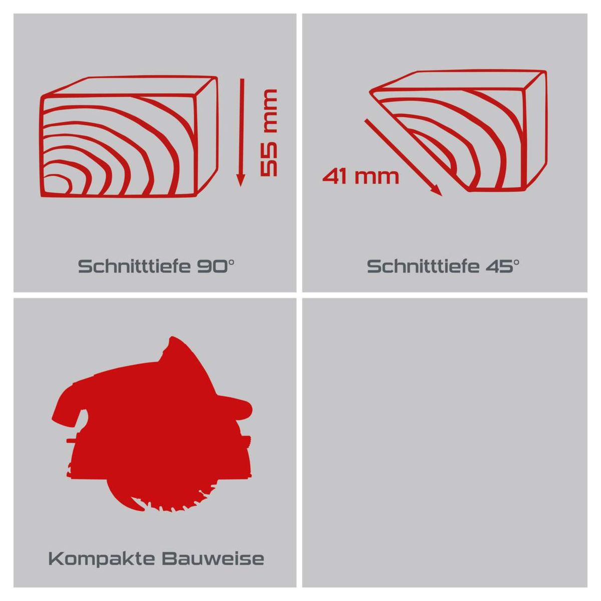 Die Tauchsäge PX-TS-55 Practixx bietet eine Schnitttiefe von 55 mm bei 90° und 41 mm bei 45°. Sie verfügt über eine kompakte Bauweise. Ideal für präzise Schnitte in verschiedenen Winkeln.