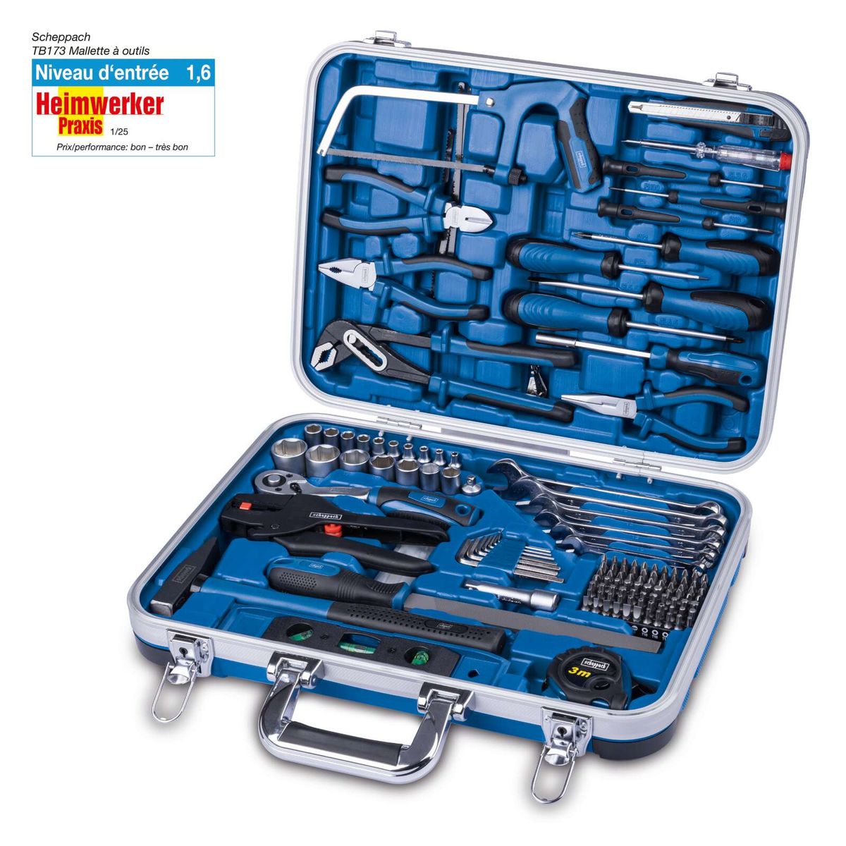 The tool kit TB173 by Scheppach includes a stripping pliers and is equipped with various tools. It offers a good price-performance ratio and is suitable for DIY enthusiasts. Entry level 1.6.