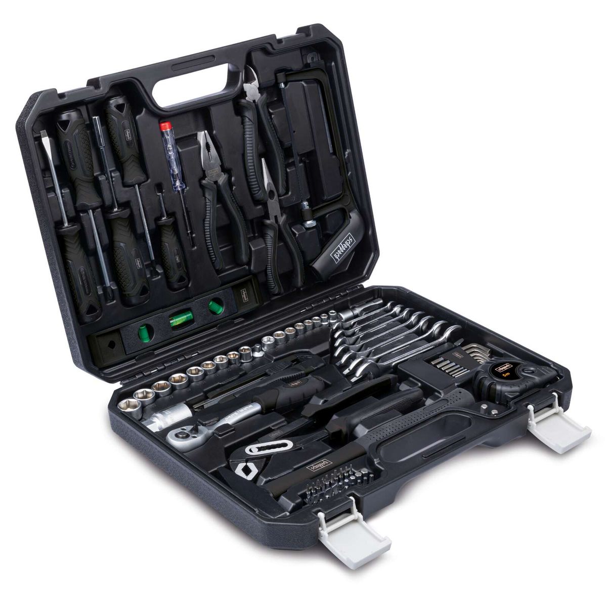 Der Werkzeugkoffer WZB120-BE von Scheppach enthält 96 Teile, darunter verschiedene Schlüssel, Zangen, Schraubendreher und Spezialwerkzeuge. Das Set ist ideal für Heimwerker und Profis.