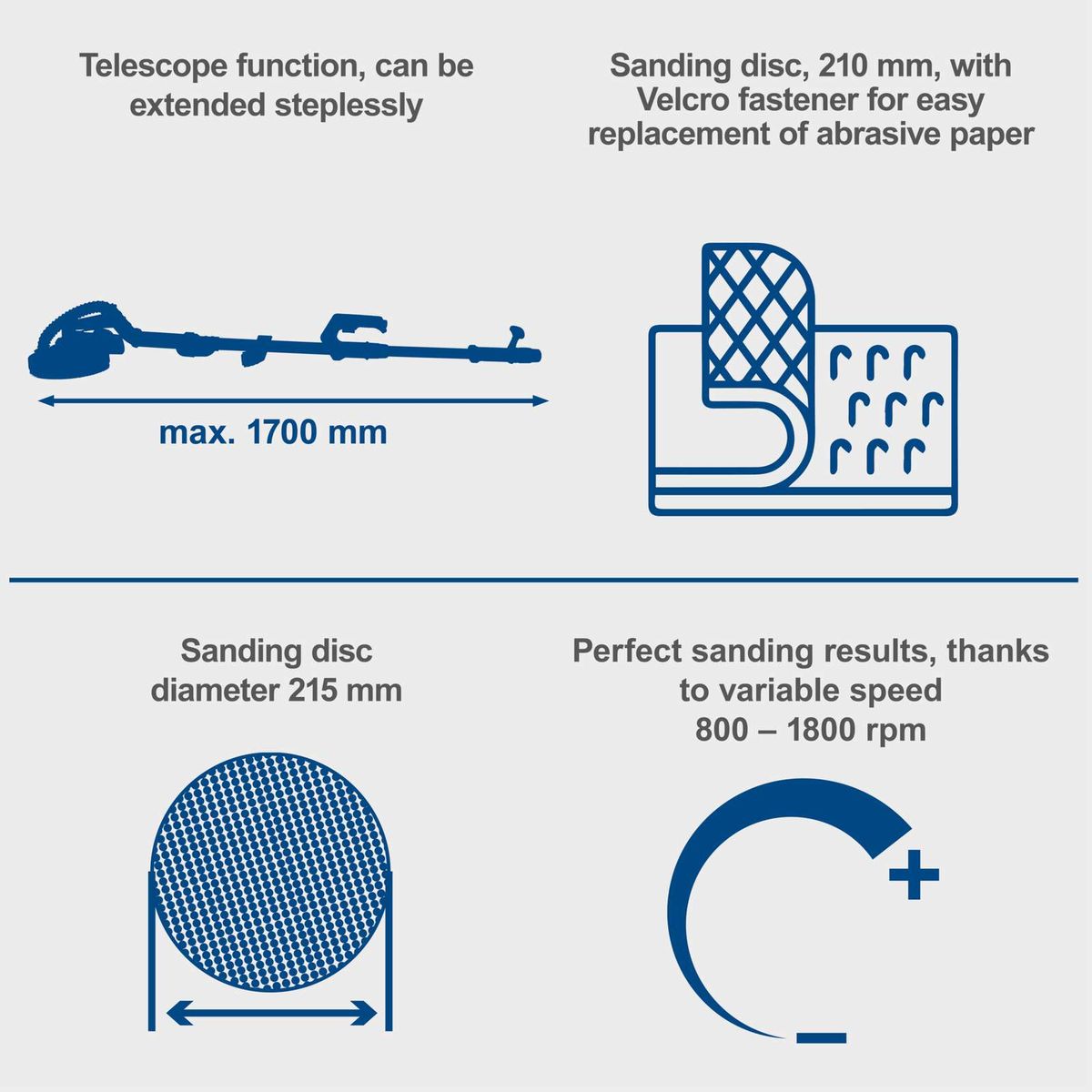 Wall sander with extendable handle (up to 1700 mm), 210 mm sanding disc with Velcro attachment and adjustable speed (800–1800 rpm)