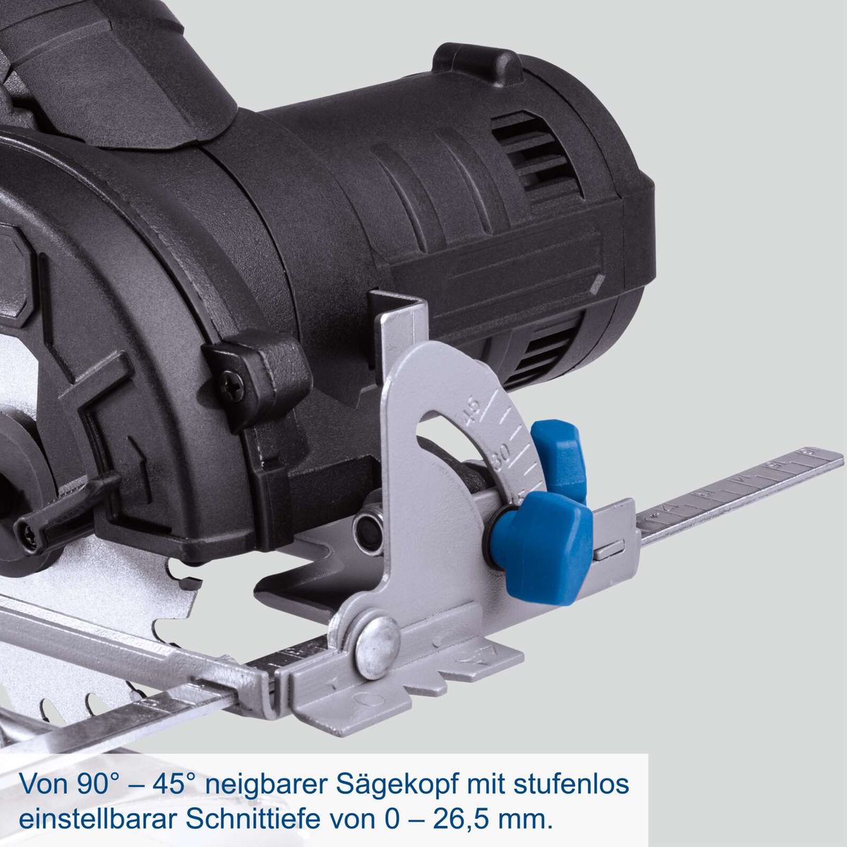 Neigbarer Sägekopf von 90° bis 45° mit stufenlos einstellbarer Schnittiefe 0–26,5 mm