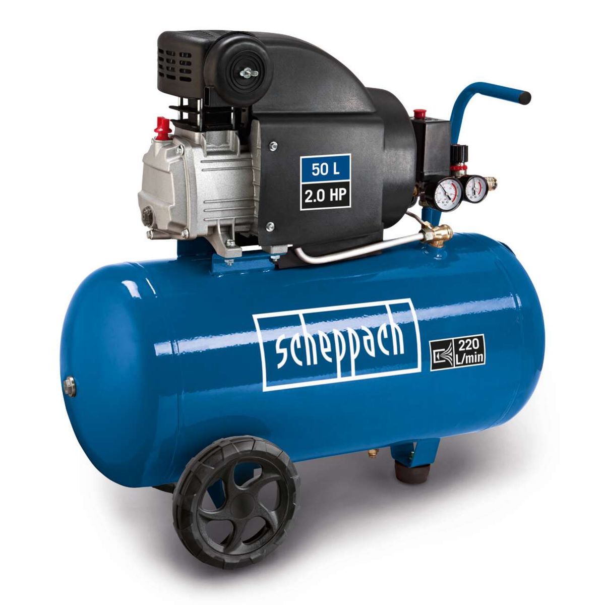 Scheppach Kompressor HC54 mit 50L Tank, 2,0 HP Leistung und 220 Litern pro Minute Luftdurchfluss. Geeignet für 230V 50Hz. Dargestellt von der Seite mit einem schwarzen Rad im Vordergrund.