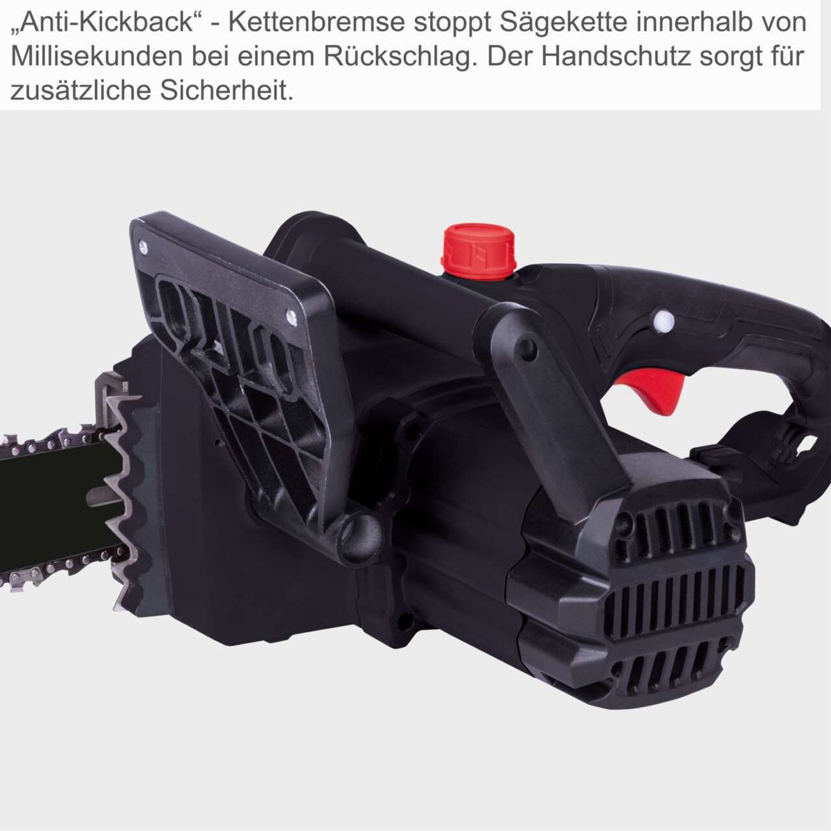 Die Elektro-Kettensäge CSE2200 von Scheppach verfügt über eine Kettenbremse, die die Sägekette bei einem Rückschlag innerhalb von Millisekunden stoppt. Der Handschutz sorgt für zusätzliche Sicherheit.