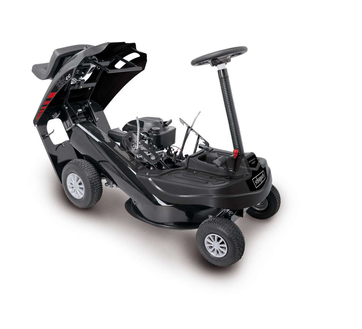 Aufsitzrasenmäher MR224-61 Scheppach, Ansicht von vorne rechts. Der Rasenmäher hat einen 224ccm Motor und einen 61cm Schnittbreite. Der Fangsack fasst 150 Liter. Der Mäher hat einen Elektrostarter.