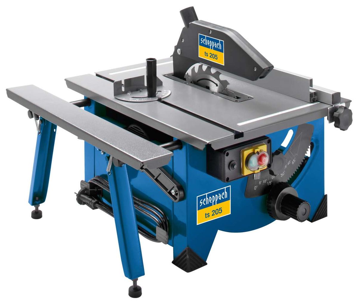 Tischkreissäge TS 205 von Scheppach, seitliche Ansicht. Die Säge ist in klassischem Design gehalten und verfügt über eine stabile Basis. Der Tisch ist verstellbar und bietet präzise Schnitte.