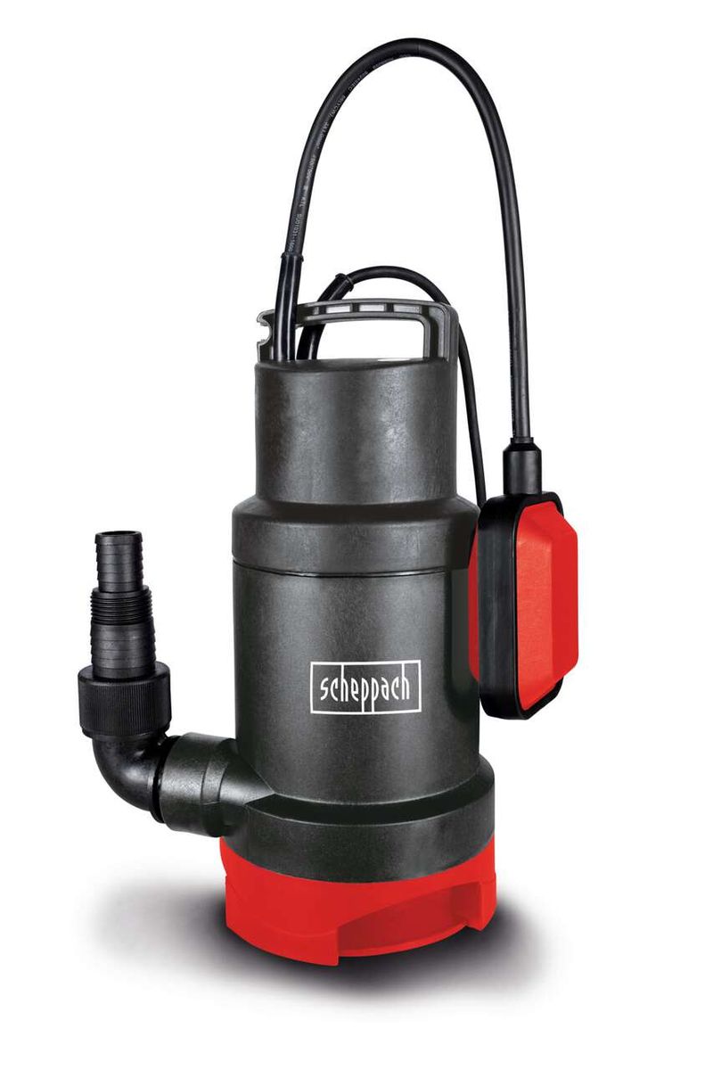 Scheppach Schmutzwassertauchpumpe SWP800-2, Ansicht von vorne. Schwarzes Gehäuse mit rotem Boden und schwarzem Auslass. Integrierter Griff und Stromkabel.
