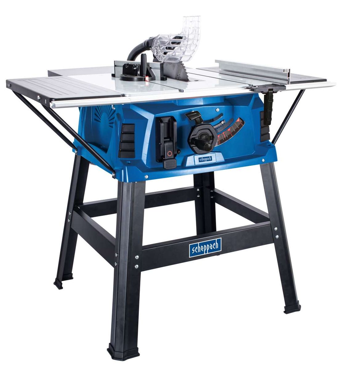 Tischkreissäge HS111 von Scheppach, seitliche Ansicht mit Standfuß und Sägetisch. Die Säge ist in Betrieb und schneidet ein Werkstück.