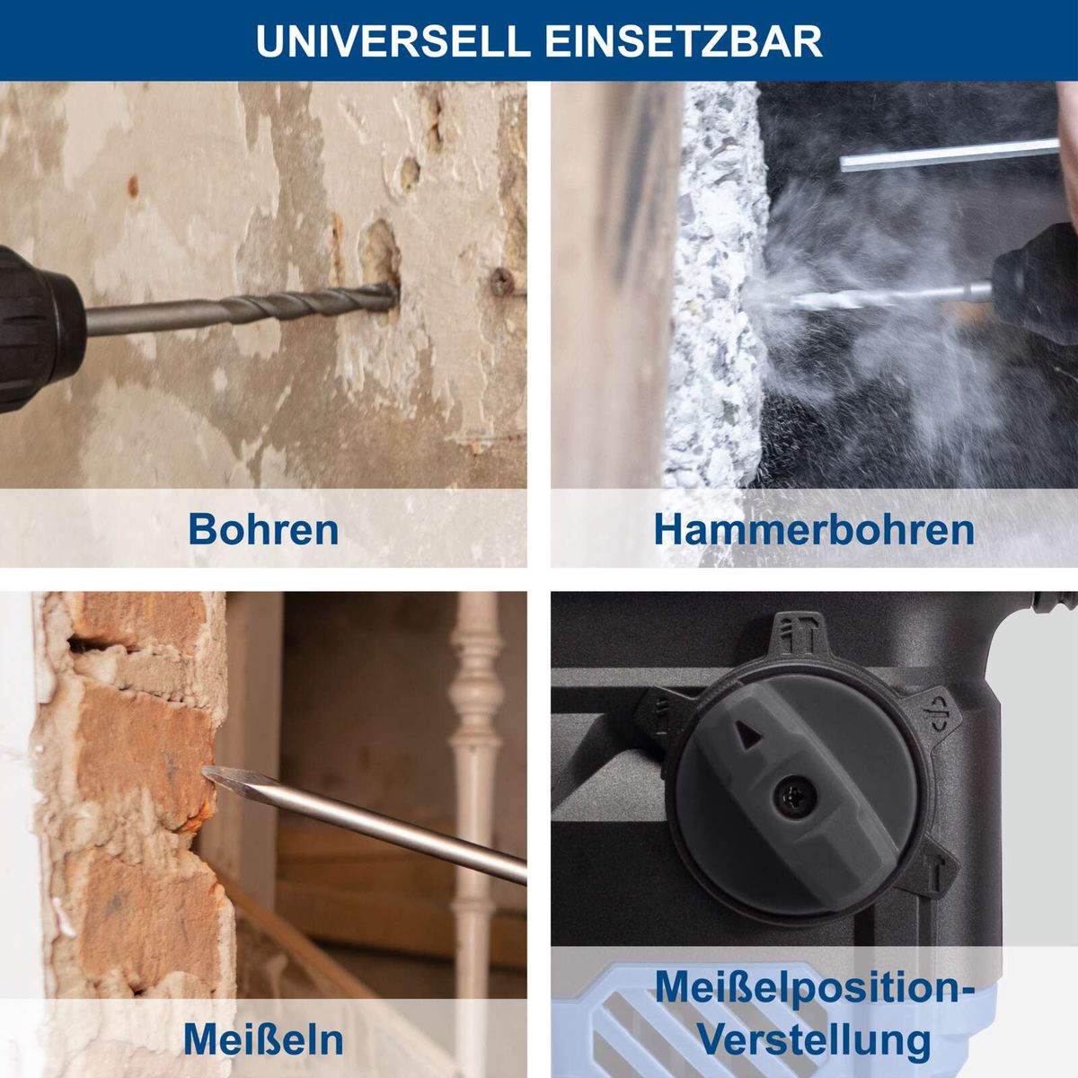 Werkzeugset für Bohr-, Hammerbohr- und Meißelpositionierung mit Illustrationen der Funktionen