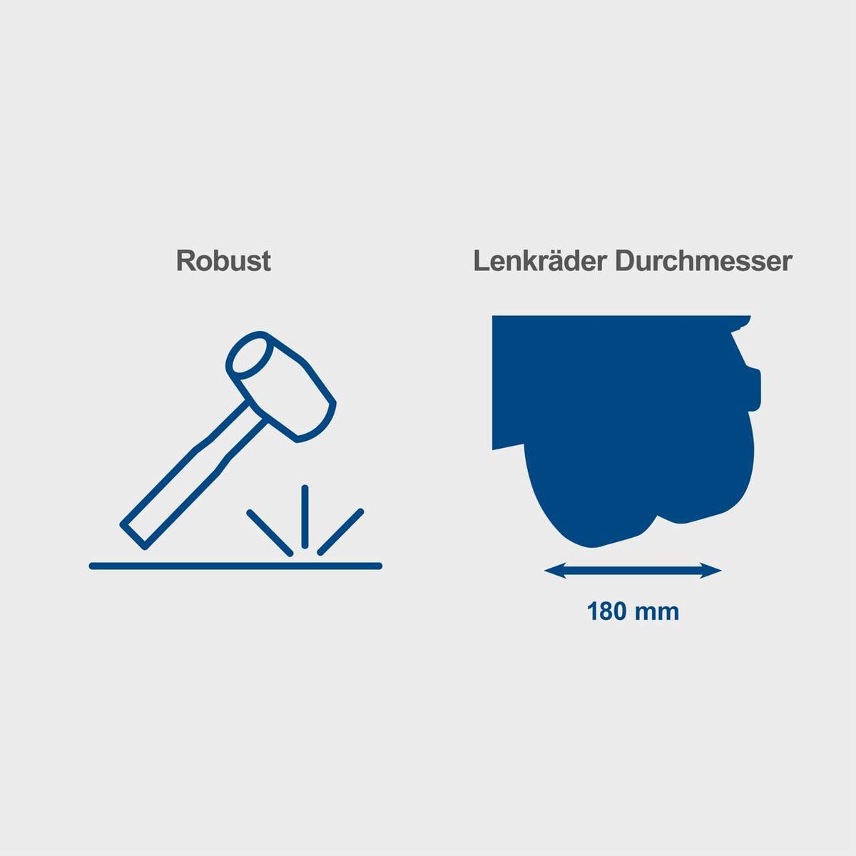 Robuster 3-Wege-Hebel für präzise Steuerung. Lenkrad mit 180 mm Durchmesser für einfache Handhabung.