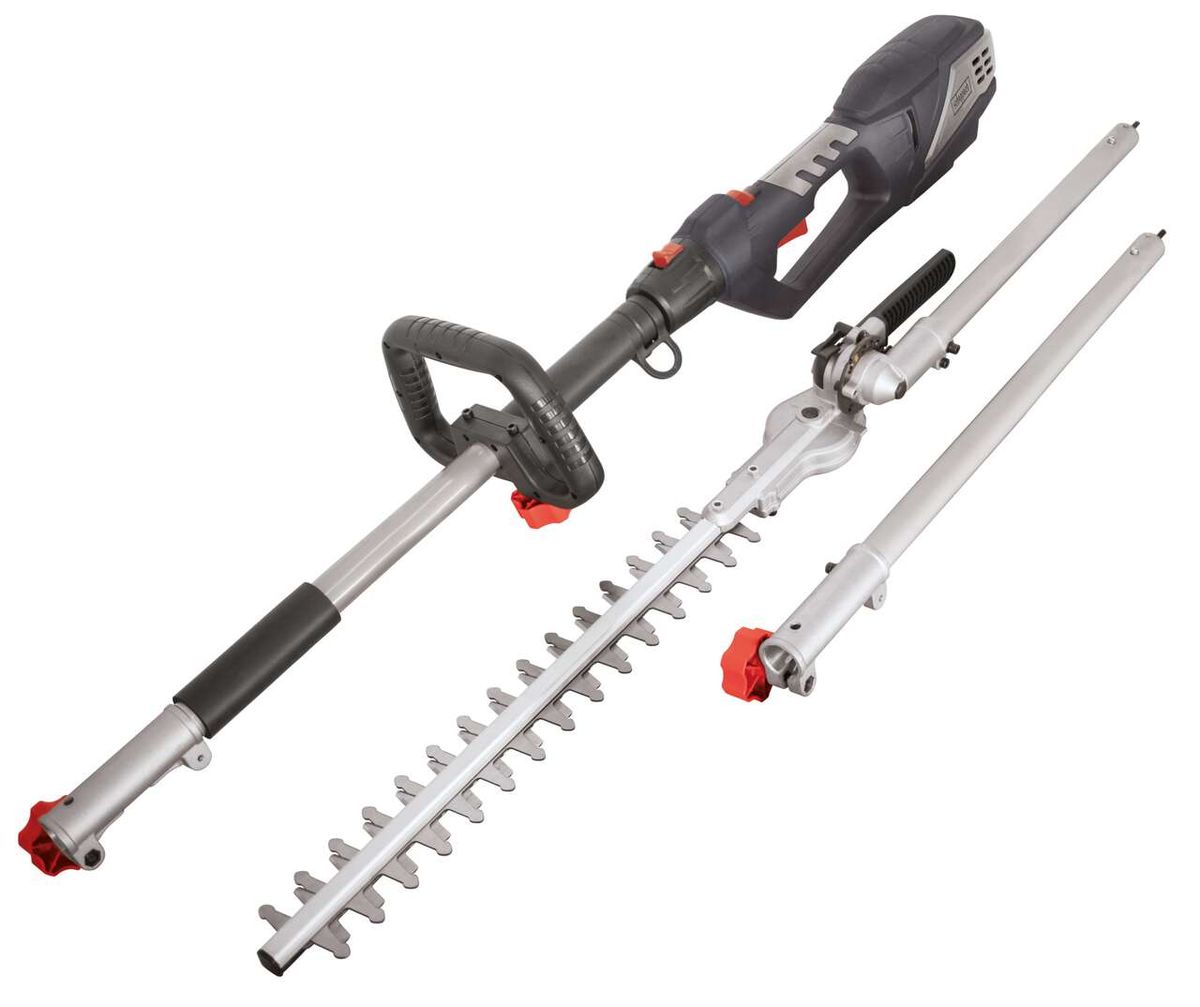 Elektro Heckenschere TPH900 von Scheppach. Gezeigt von der Seite mit Griff und Schwert. Inklusive Verlängerungsstange.