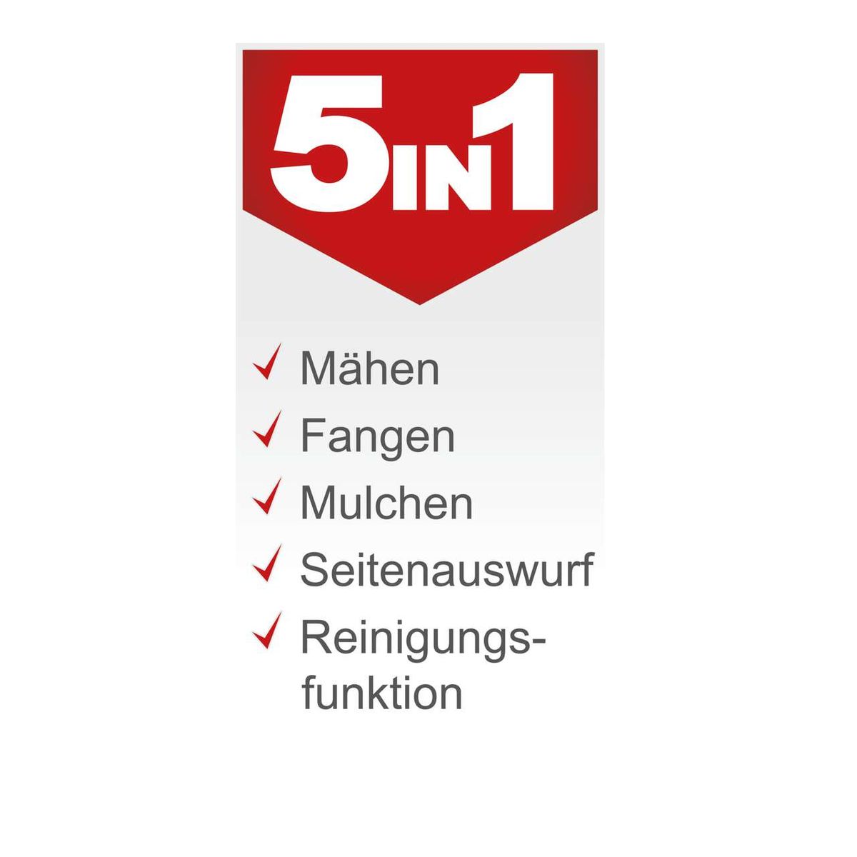 Der Benzin Rasenmäher MP150-46 Scheppach bietet folgende Funktionen: Mähen, Fangen, Mulchen, Seitenauswurf und Reinigungsfunktion.