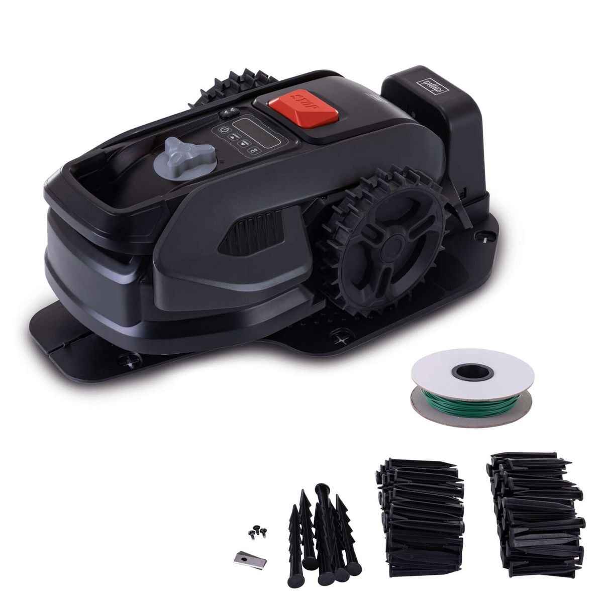 Mähroboter RRMA300 von Scheppach mit 16 cm Schnittbreite, 300 m² Flächenleistung, Regensensor und Kantenmähen. Inklusive Ersatzteilen wie Messern, Schrauben und Ersatzklingen.