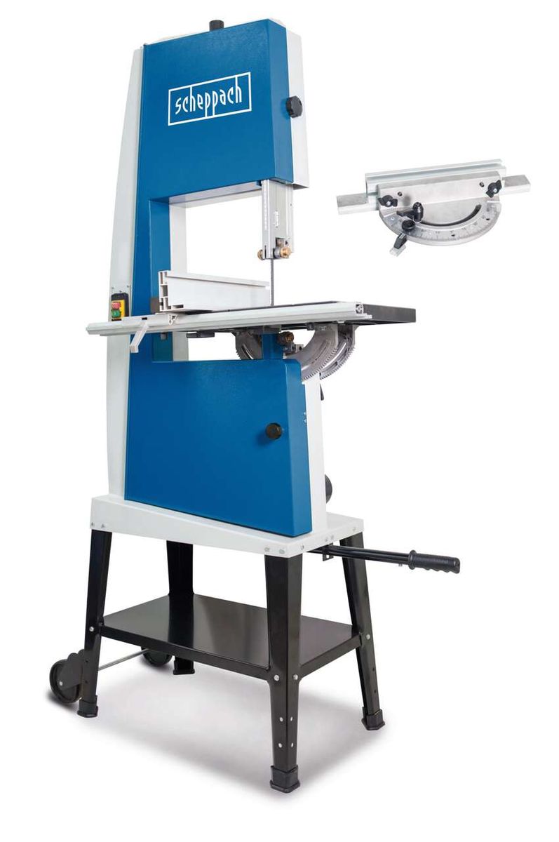 Scheppach Bandsäge BASA 4 mit Zubehör, seitliche Ansicht.