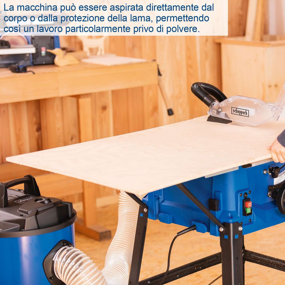 Scheppach Tischkreissäge mit integriertem Staubsaugeranschluss für sauberen Arbeitsplatz