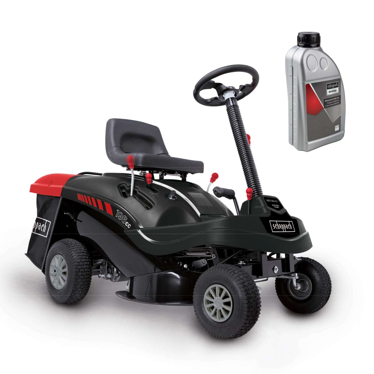 Aufsitzrasenmäher MR224-61 mit 6.8PS, 61cm Schnittbreite, 150L Fangsack, Elektro-Start, inkl. Motoröl. 196cc Motor. Scheppach Modell.