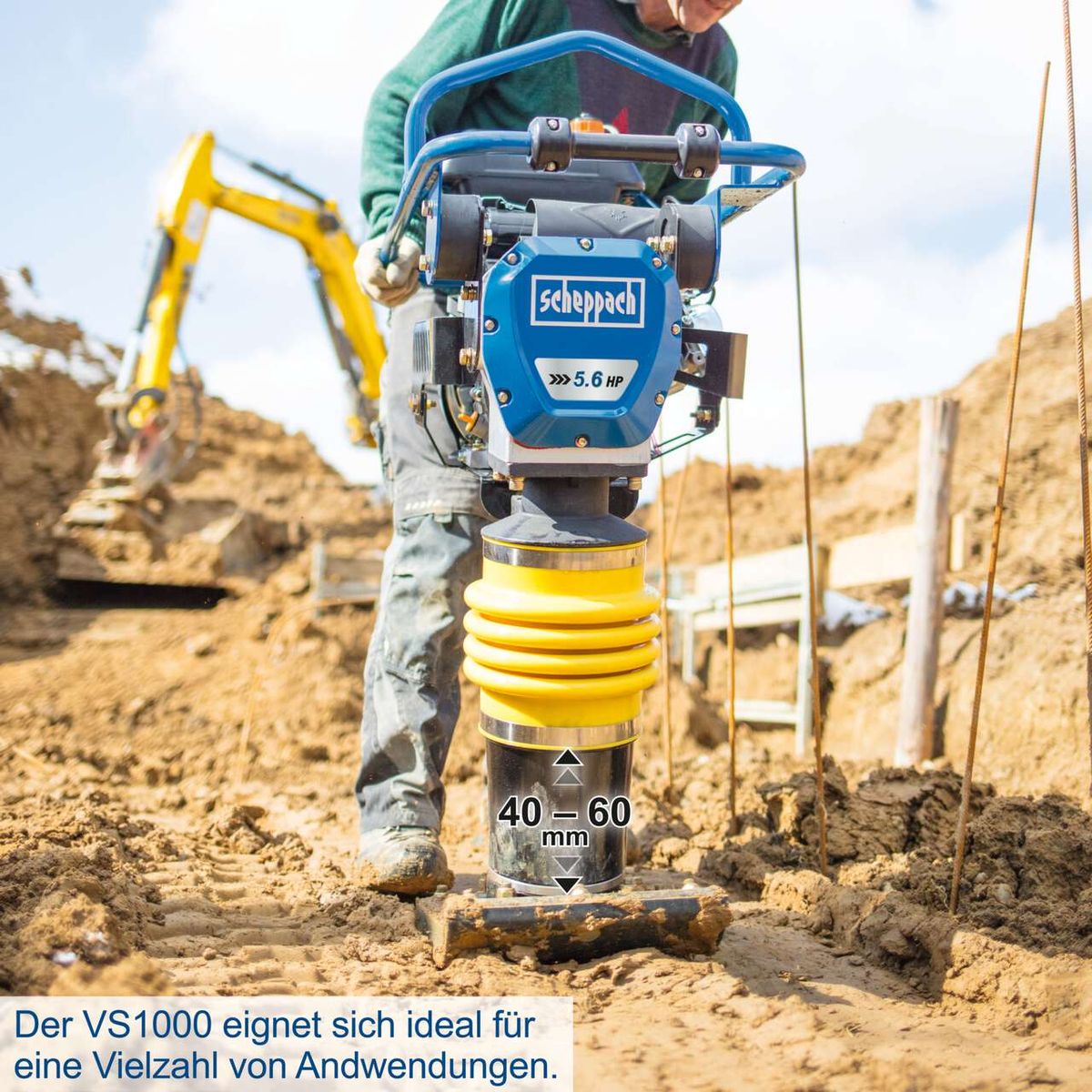 Vibrationsstampfer VS1000 von Scheppach mit 5,6 PS für präzise Bodenverarbeitung, ideal für Anwendungen mit 40–60 mm Tiefe.