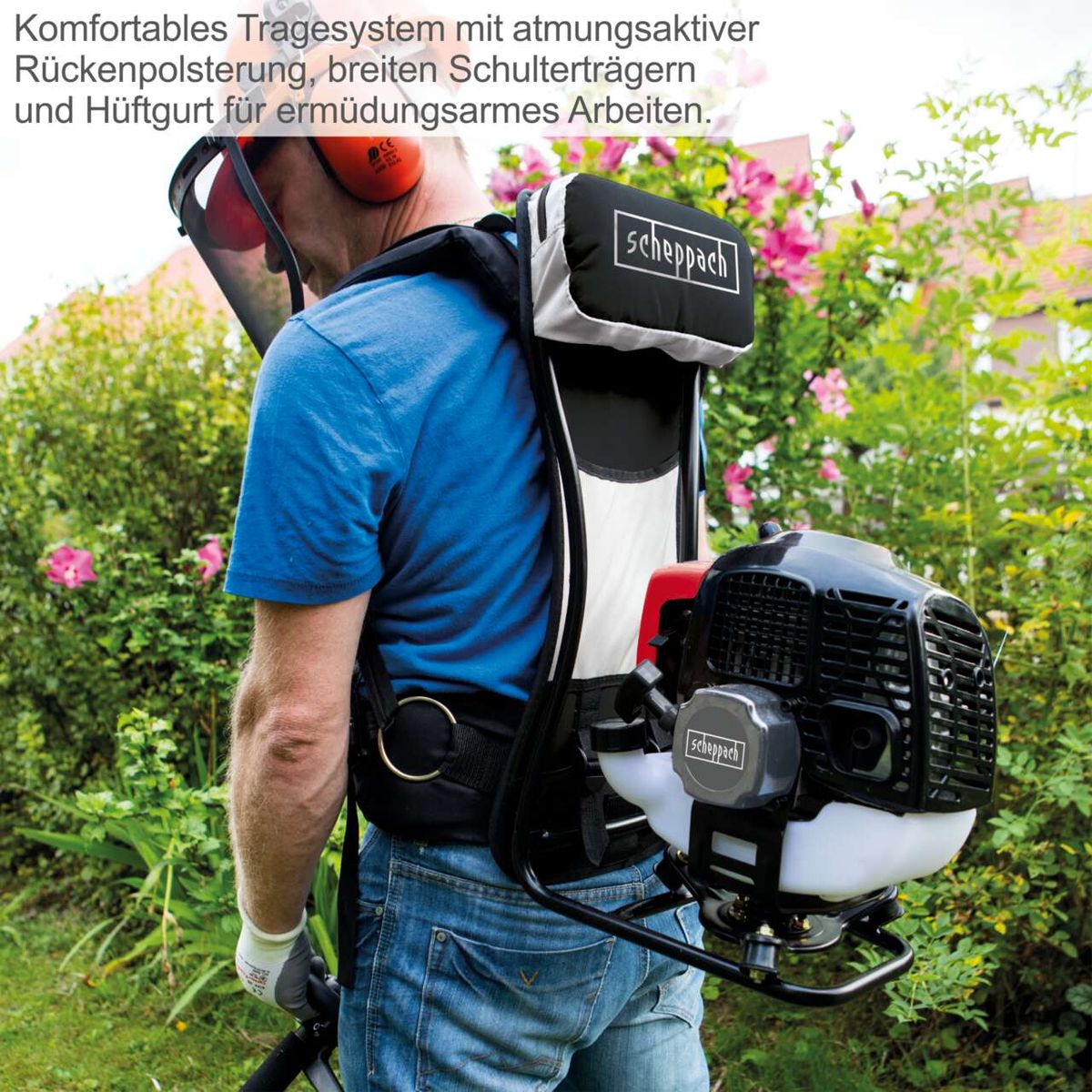 Der Freischneider BCH5300BP von Scheppach verfügt über ein komfortables Tragesystem mit atmungsaktiver Rückenpolsterung, breiten Schulterträgern und Hüftgurt für ermüdungsarmes Arbeiten.