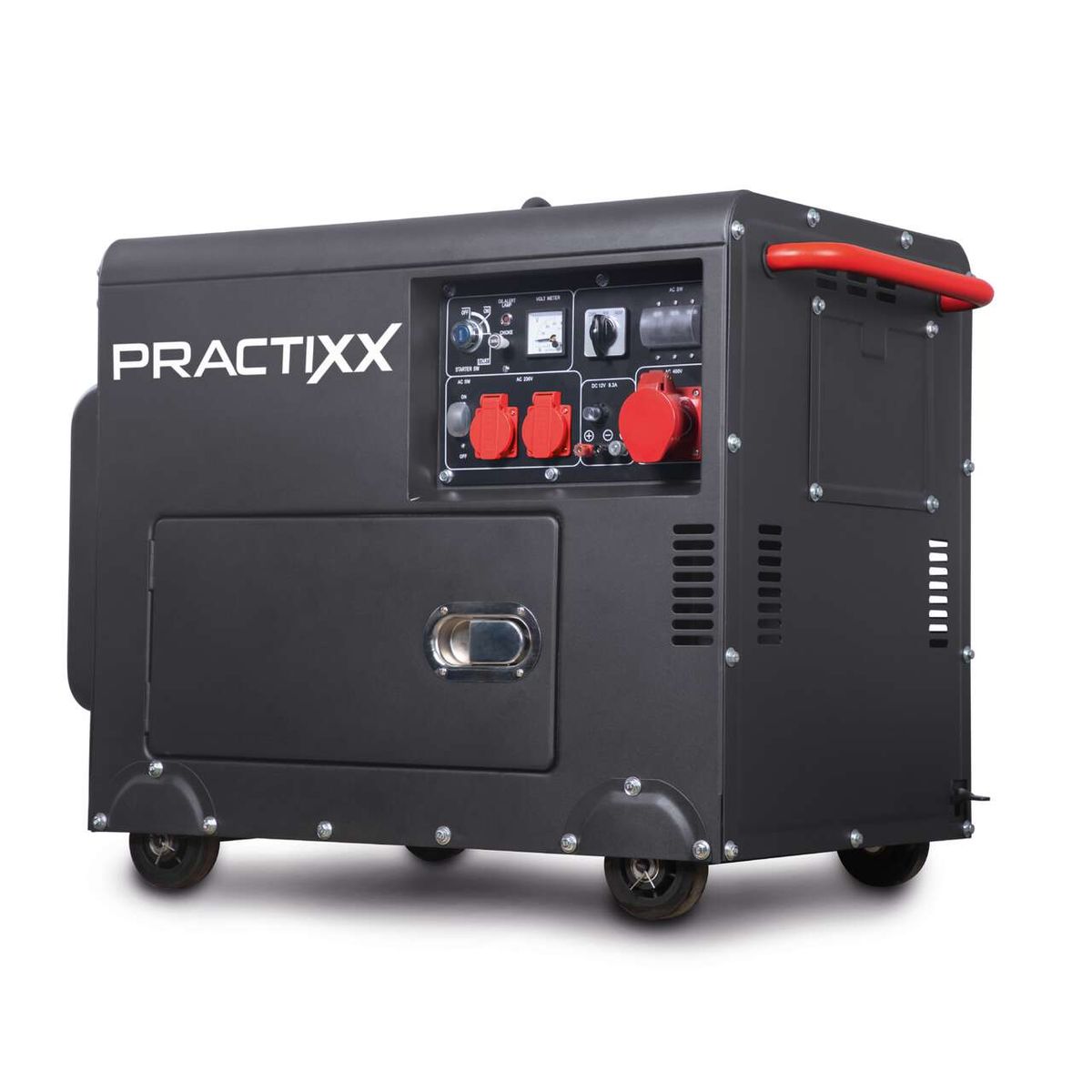 Diesel Stromerzeuger PX-SE-5000D Practixx mit 7,7 PS, 5000W Leistung, Elektrostart und Steckdosen: 2x 230V, 1x 400V. Gezeigt von der Seite mit Bedienfeld und Griffen.