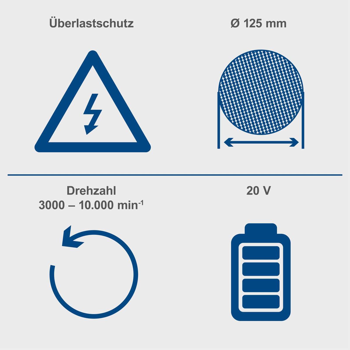 Der Akku-Winkelschleifer BC-AG125-X von Scheppach verfügt über Überlastschutz, eine Schleifscheibe mit 125 mm Durchmesser, eine Drehzahl von 3000-10000 min^-1 und eine Spannung von 20 V.