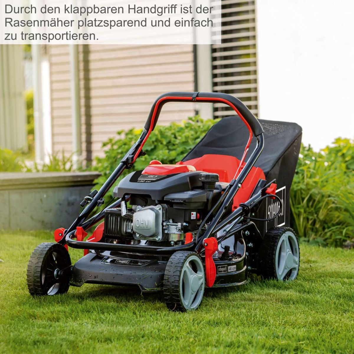 Scheppach Benzinrasenmäher mit klappbarem Handgriff für platzsparendes Transportieren