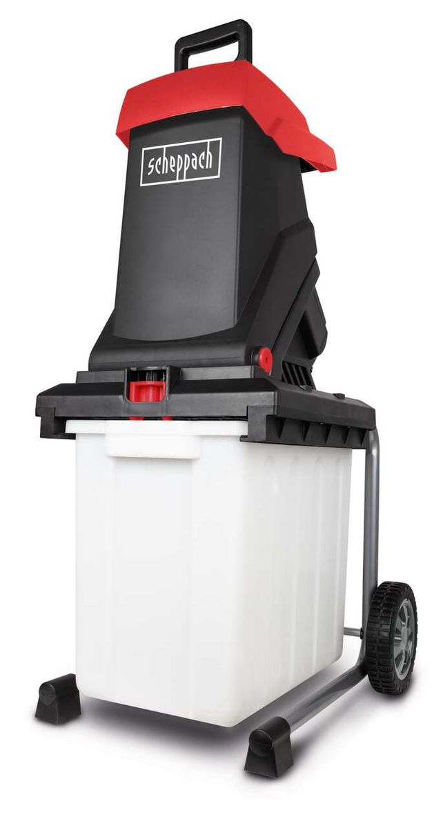 Häcksler GS59 von Scheppach, seitliche Ansicht mit Behälter und Rädern.