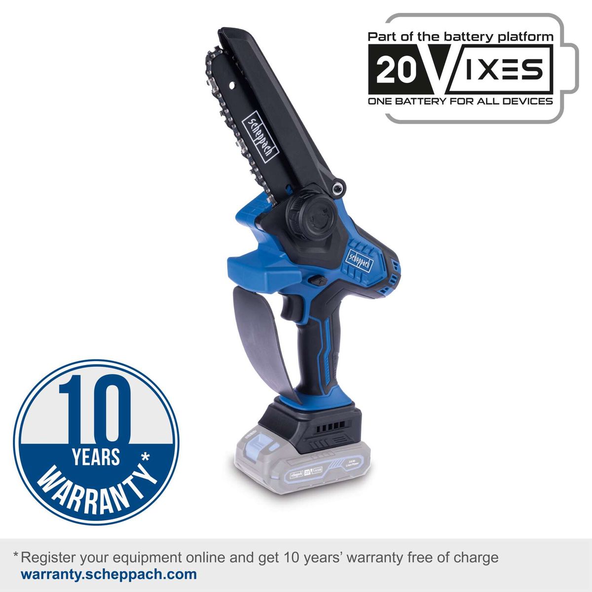 Scheppach cordless pruning saw featuring a 10-year warranty, 20V battery set with charger