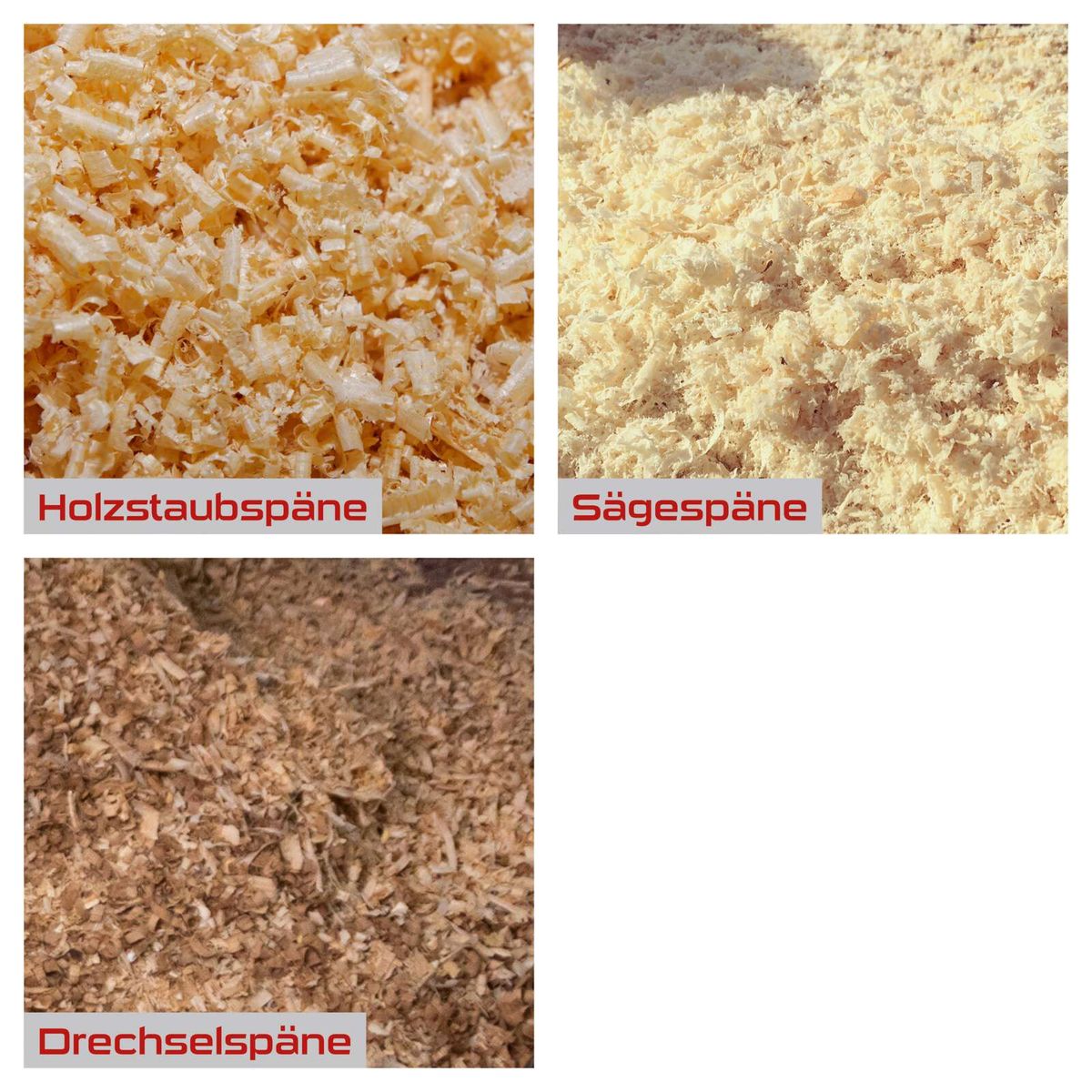 Das Bild zeigt verschiedene Arten von Holzabfällen, die von der Absauganlage PX-AS-100 Practixx gesammelt werden können: Holzstaubspäne, Sägespäne und Drehselspäne.