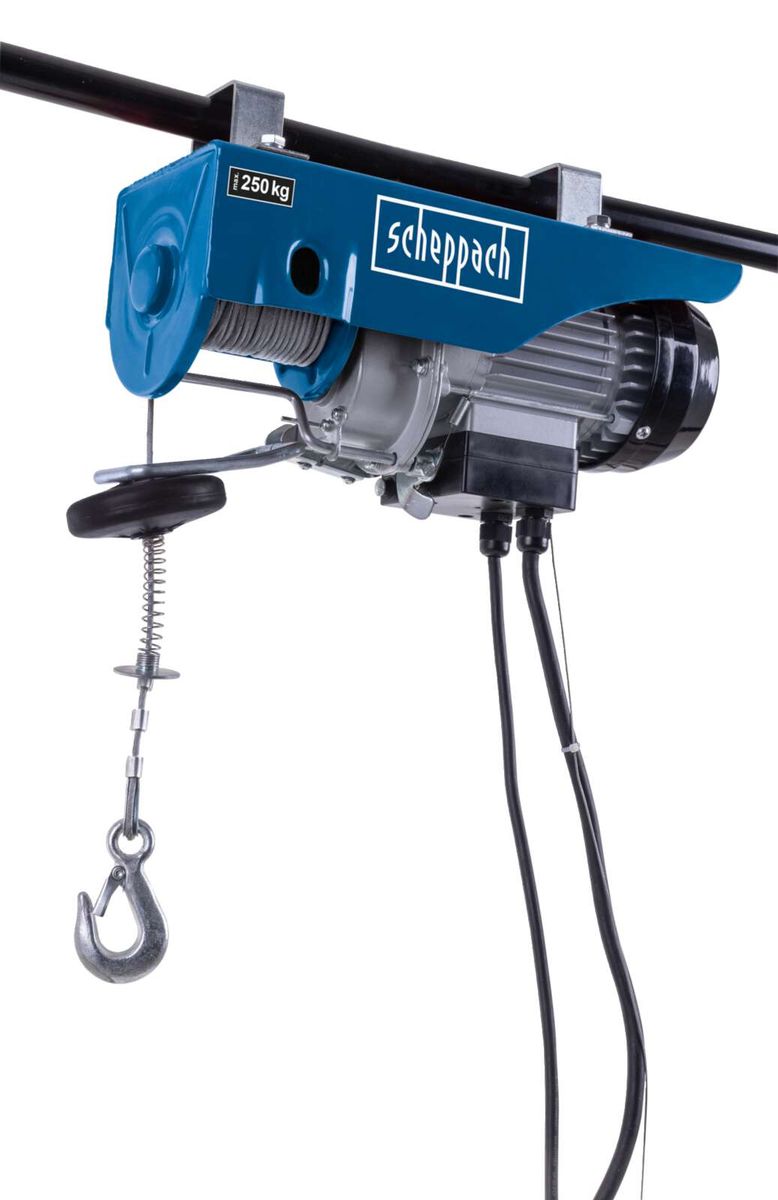 Elektrischer Seilzug HRS300 von Scheppach, seitliche Ansicht mit Haken und Kabel.