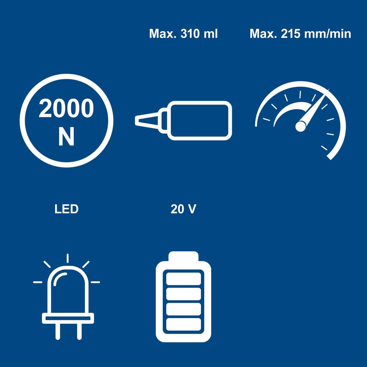 Technische Datenblätter für Akku-Kartuschenpistole mit LED, Akku und Ladegerät: 20V, 2000 Newton, 0,75–3,58 mm/s