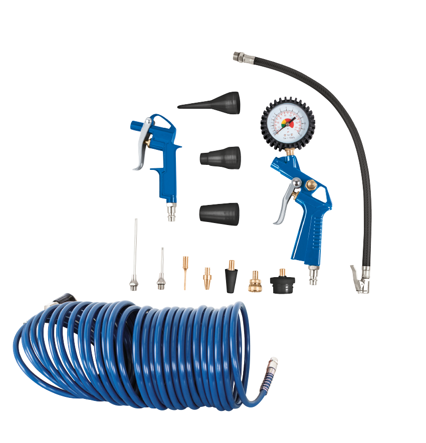 Kompressor-Zubehörset 13-teilig inkl. 10m Schlauch. Enthält verschiedene Düsen, einen Druckmesser und einen Schlauch. Gezeigt von oben.