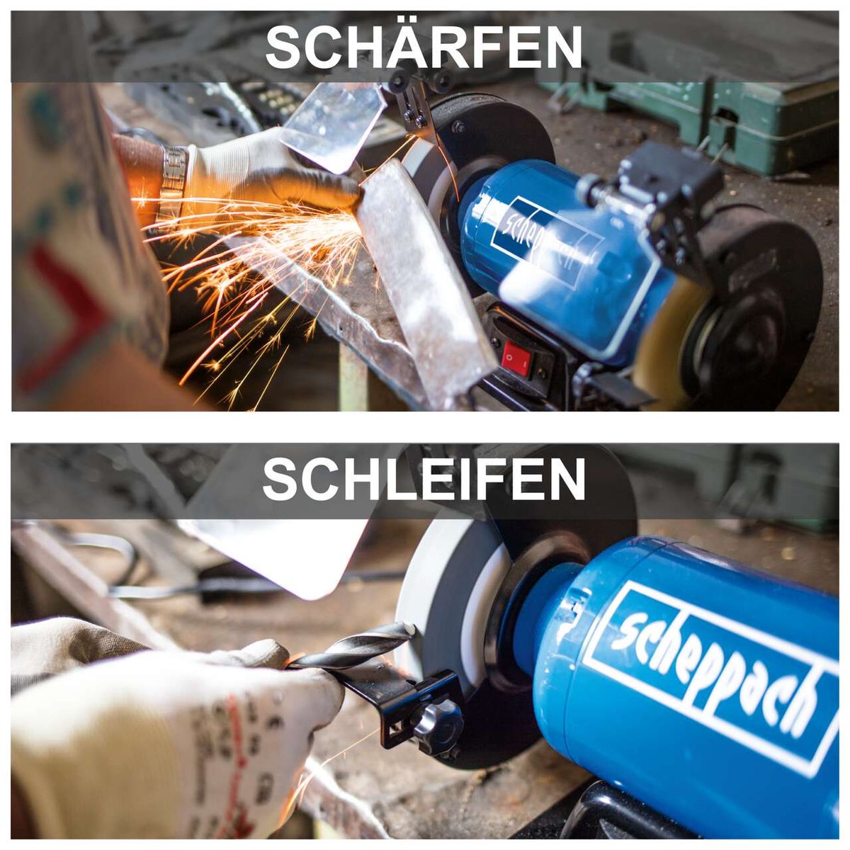 Der Scheppach Doppelschleifer SM150LB bietet zwei Funktionen: Schärfen und Schleifen. Ideal für präzises Arbeiten an verschiedenen Materialien.