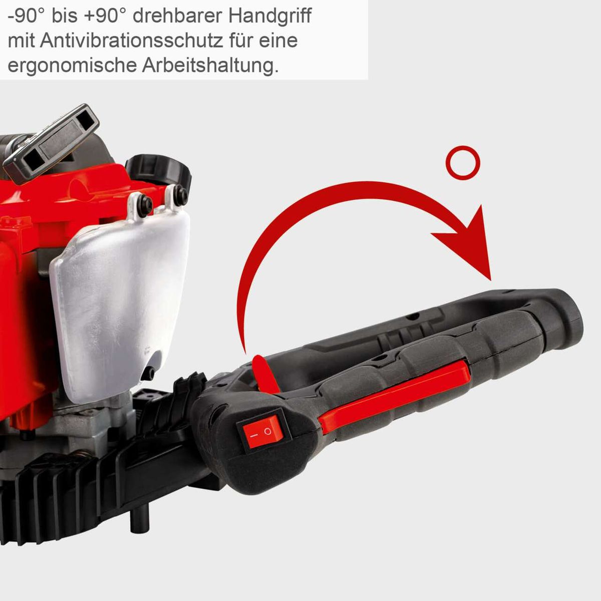 Benzin Heckenschere PHT600 mit drehbarem Handgriff von -90° bis +90° und Antivibrationsschutz für ergonomische Arbeitshaltung.