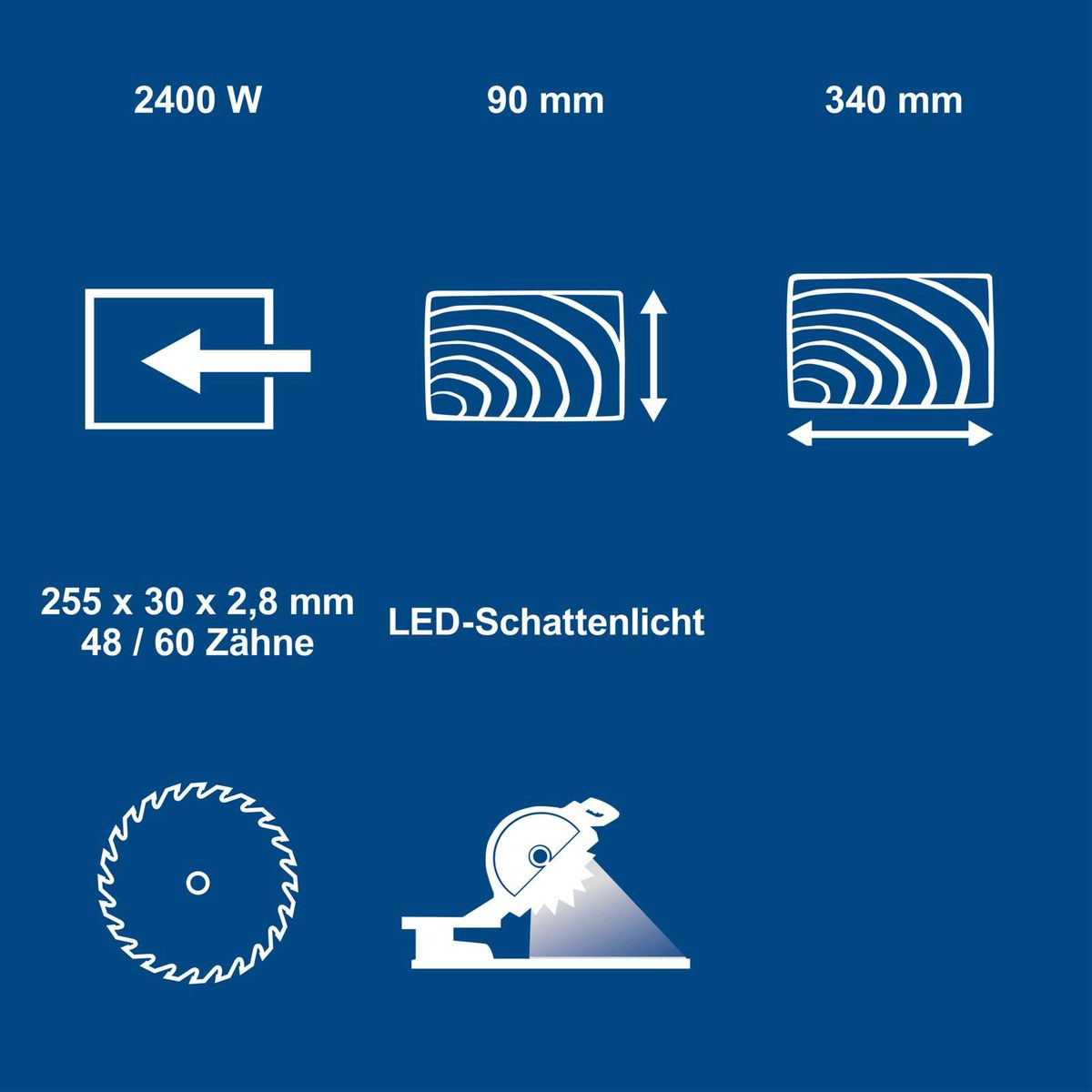 Technische Merkmale einer Kapp-, Zug- und Gehrungssäge mit LED-Schattenlicht, 2400 Watt, 90 mm Schnitthöhe und 340 mm Schnittbreite; Sägeblätter 255 x 30 x 2,8 mm mit 48/60 Zähnen