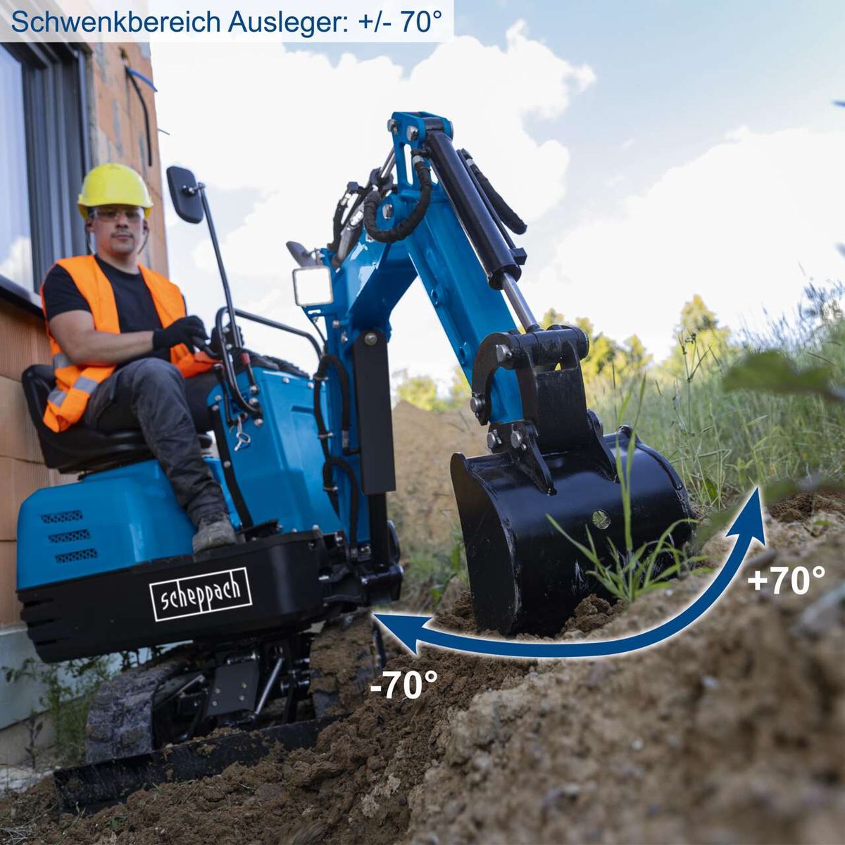 Der Scheppach Benzin Mini-Bagger MB850 hat einen Schwenkbereich des Auslegers von +/- 70 Grad. Der Bagger ist mit einem Dach, Böschungslöffel, Baggerdaumen und Kralle ausgestattet.