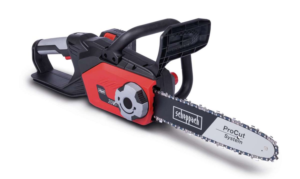 Akku-Kettensäge BCHS300-ProS von Scheppach, 30 cm ProCut-Schwert, inkl. 2Ah Akku und Ladegerät. Die Säge wird von der Seite gezeigt.