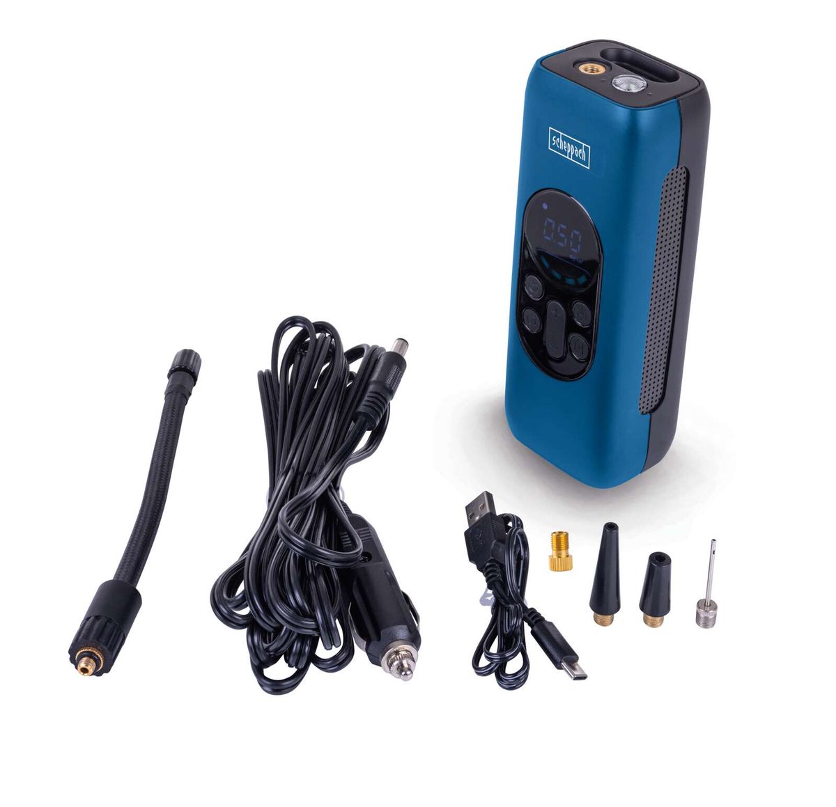 Scheppach Handwerkzeug-Set mit verschiedenen Aufsätzen und Kabeln, inklusive USB-Ladekabel und Anleitung.