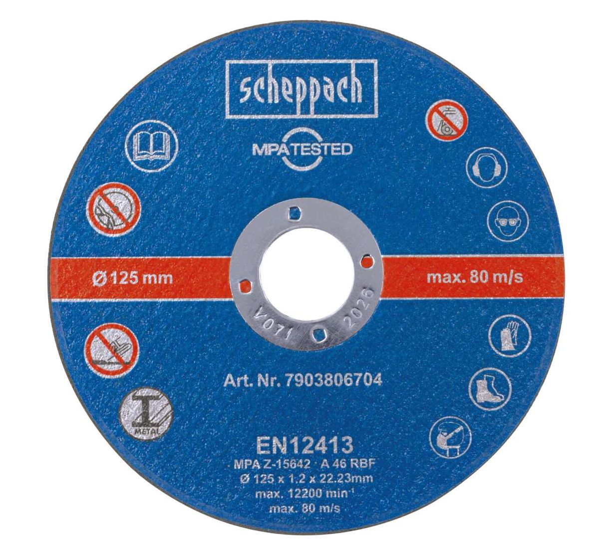 Scheppach Trennscheibe mit 125 mm Durchmesser, max. 80 m/s, Artikelnummer 7903806704, EN12413 zertifiziert.
