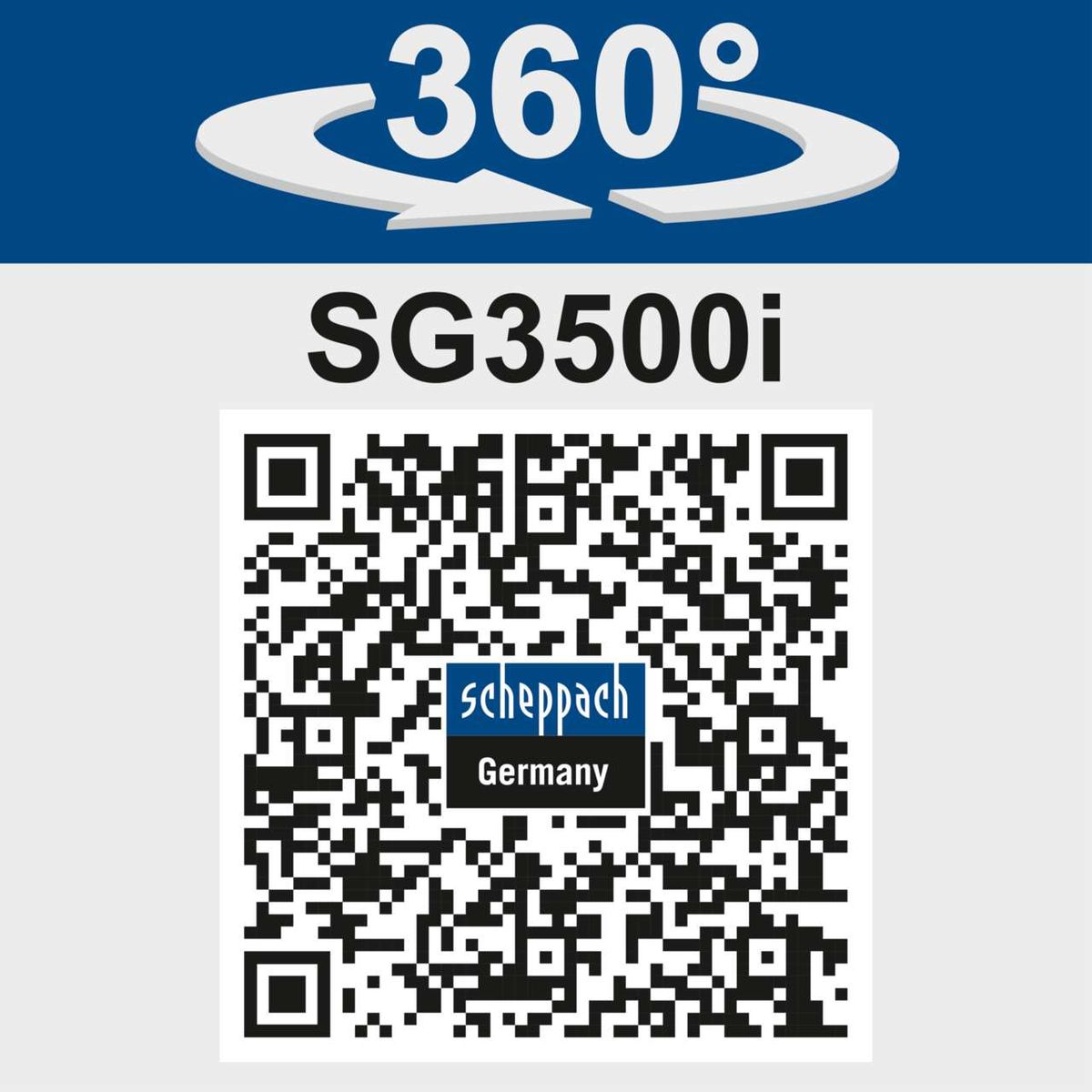 Der Scheppach Stromerzeuger SG3500i bietet eine 360-Grad-Ansicht. Mit dem QR-Code erhalten Sie weitere Informationen.