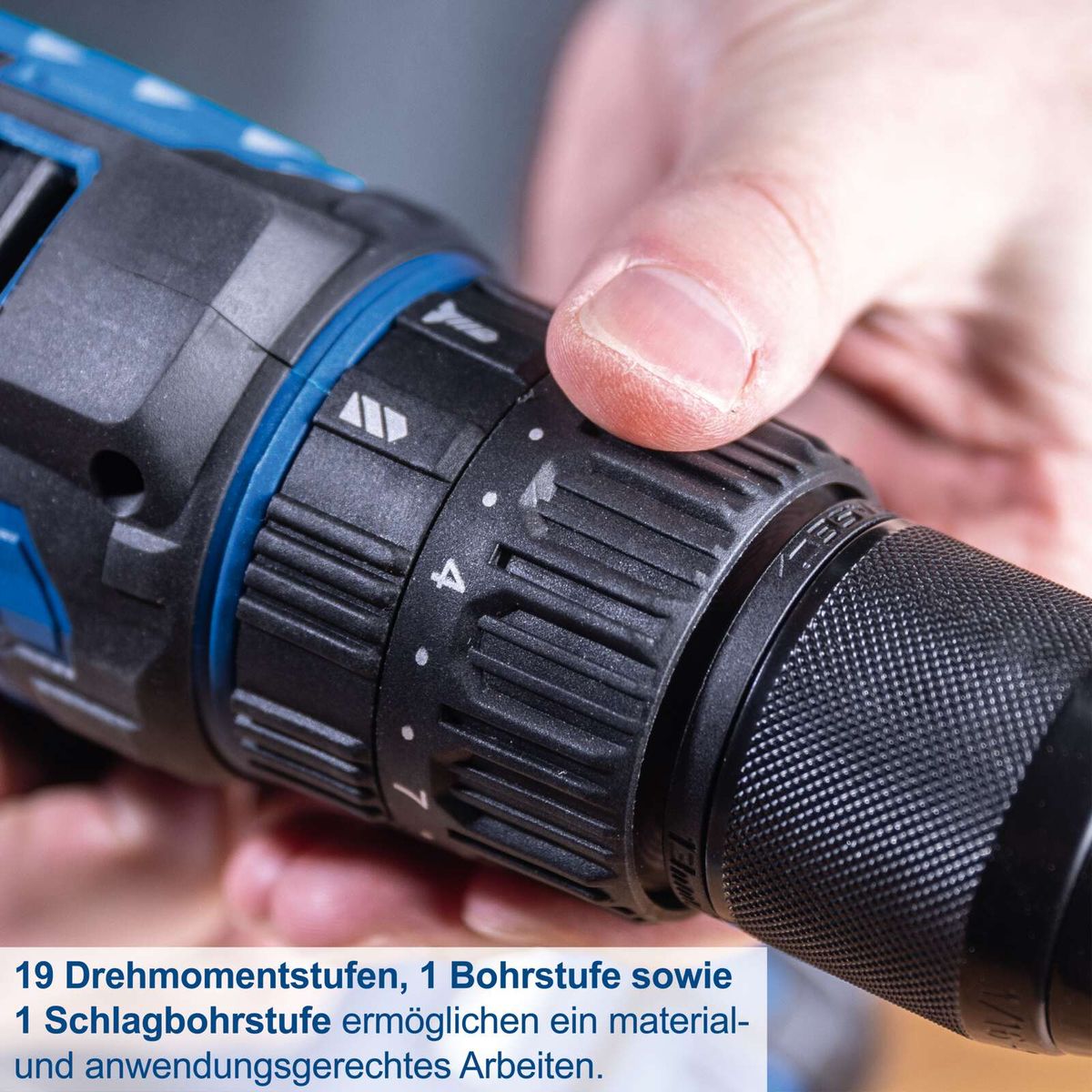 Die Akku-Schlagbohrmaschine C-CD45-X von Scheppach bietet 19 Drehmomentstufen, 1 Bohrstufe und 1 Schlagbohrstufe für material- und anwendungsgerechtes Arbeiten.
