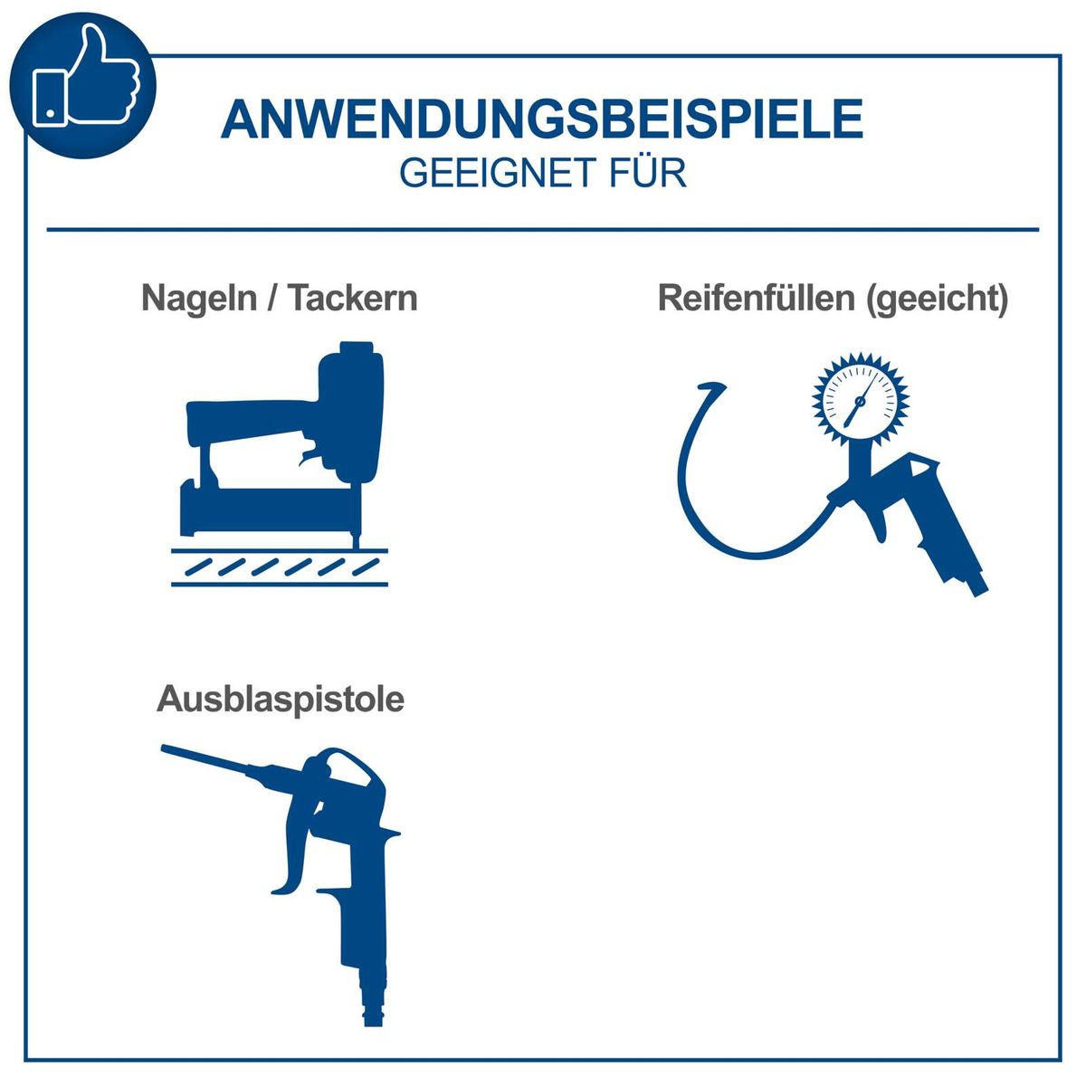 Anwendungsbeispiele für den Kompressor HC30ox Scheppach: Nageln/Tackern, Reifenfüllen (geeicht), Ausblaspistole.