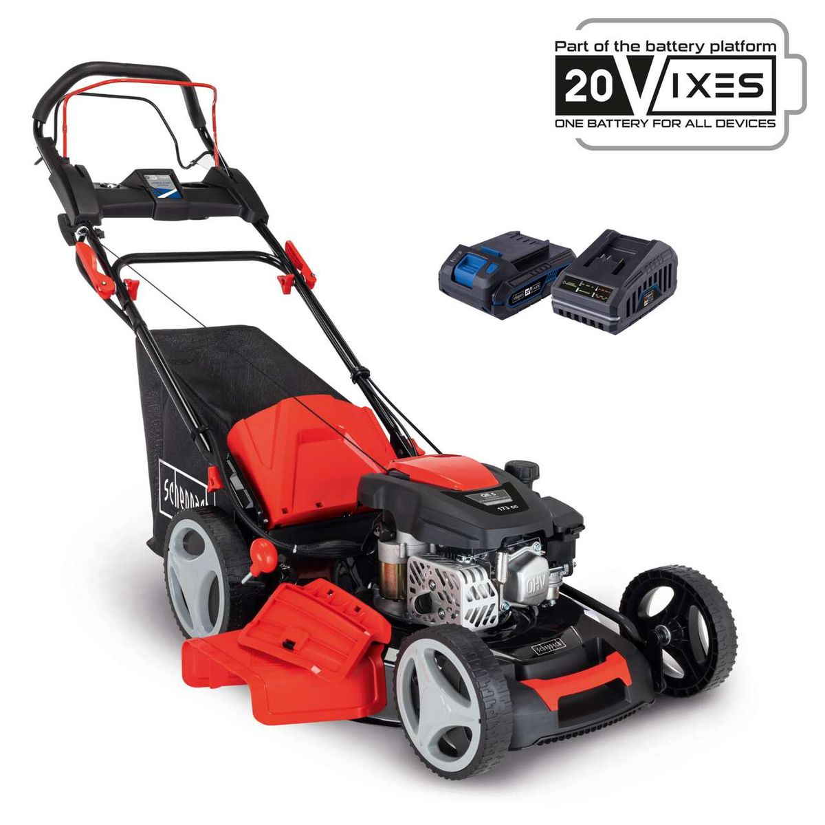 Scheppach-Benzin-Rasenmäher MS200-51E mit Akkubetrieb, 51 cm Schnittbreite, Fangbox 65 Liter, inklusive Akku und Ladegerät