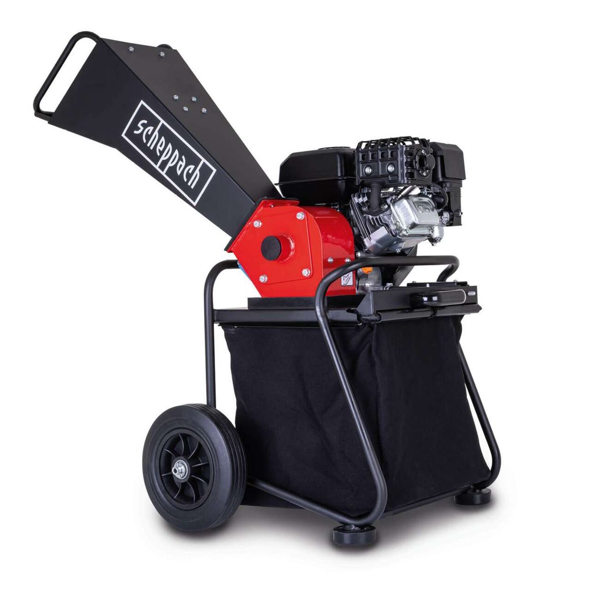 Der Benzin-Messerhäcksler PGS75 von Scheppach verfügt über einen großen Fangsack und einen robusten Motor. Die Maschine ist mit einem schwarzen Auswurfschacht ausgestattet und hat große Räder für einfache Mobilität.