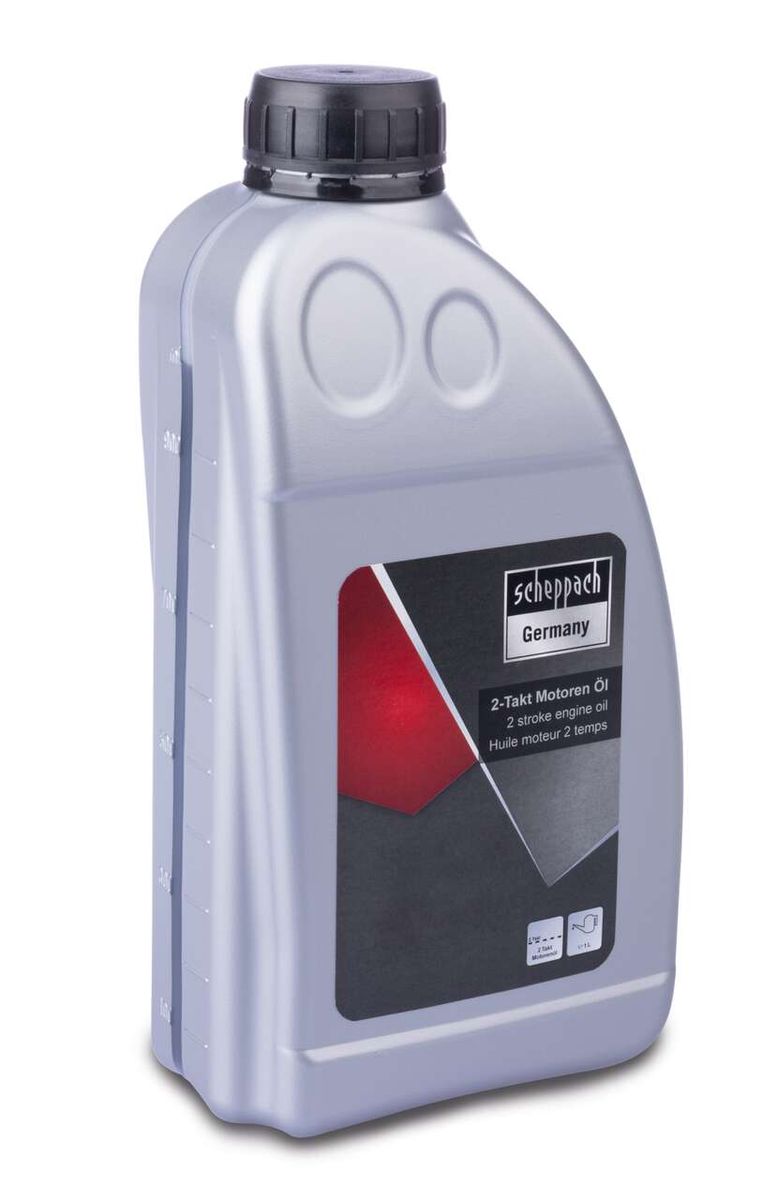Scheppach 2-Takt Motorenöl, 1 Liter, graue Flasche mit schwarzem Deckel, Frontansicht.